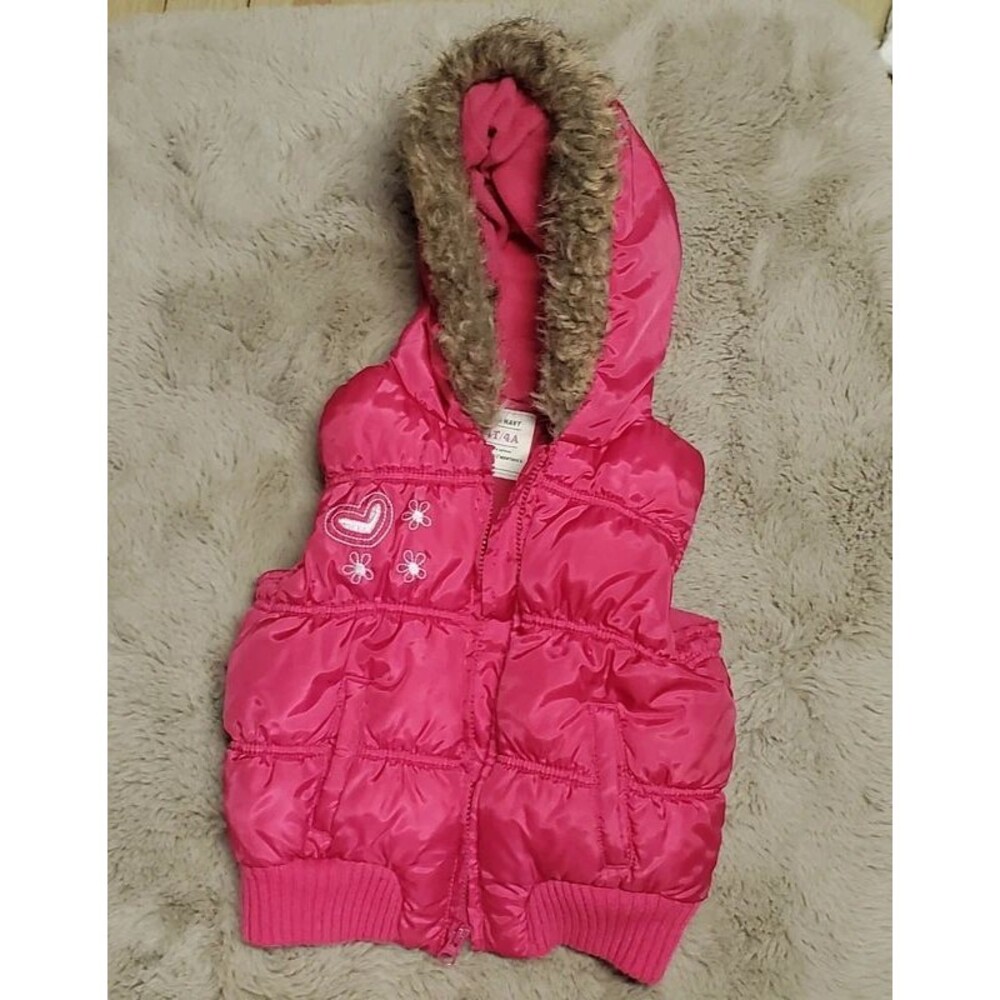 Old Navy Puffer Vest with Hood and faux fur trim  Size 4T